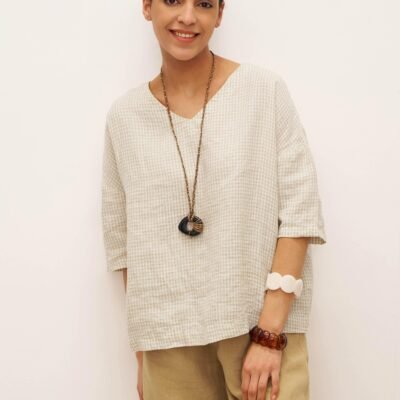 100% Linen Gingham V-Neck 3/4 Length Sleeve Top DORA
