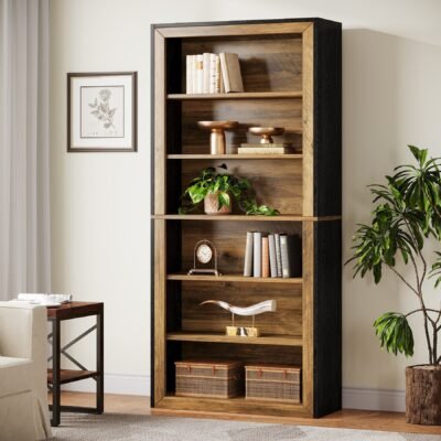 74" Bookshelf, 6-Tier Wood Bookcase Etagere with display Shelves