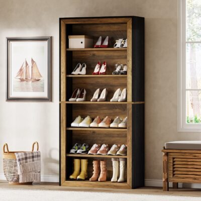 74" Shoe Cabinet, 6-Tier Wood Freestanding Shoe Storage Cabinet