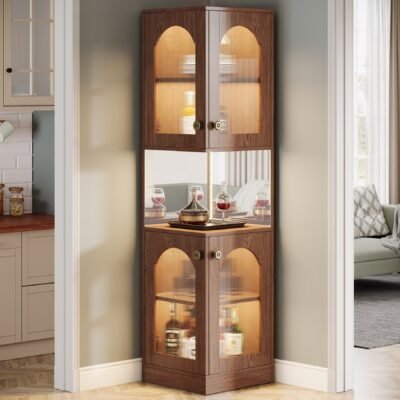 79" Corner Storage Cabinet, Farmhouse Wine Bar Cabinet With LED Light