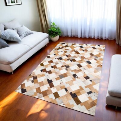 Tricolor Geometric Design Patchwork Cowhide Rug