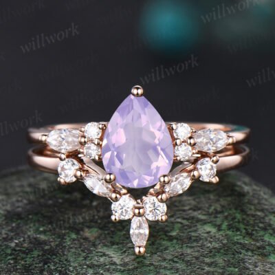 Vintage Pear cut 1ct Lavender Amethyst engagement ring set 14k rose gold marquise cut diamond ring for women unique bridal wedding ring set