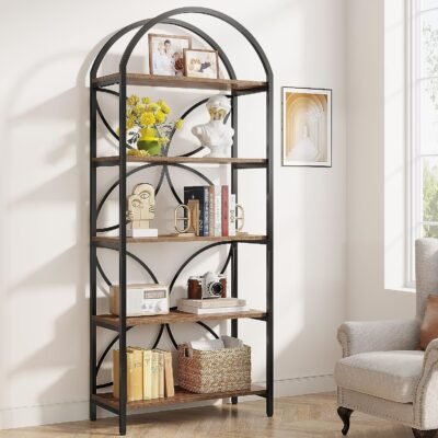 5-Tier Bookshelf, 75" Tall Arched Bookcase Display Rack