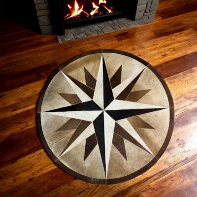 Cowhide Patchwork Round Rug, Flower, Spiral, Compass, Star, Moon, Buffalo and Horn Shape Round Rugs
