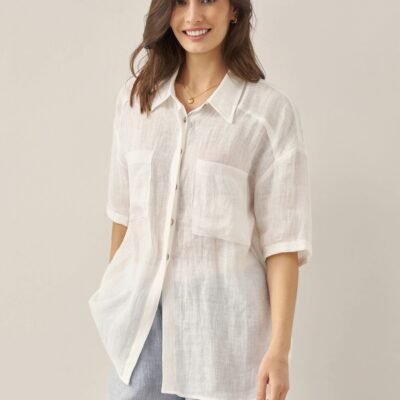 100% Linen Pocket Detail Button-Front Shirt CLARA
