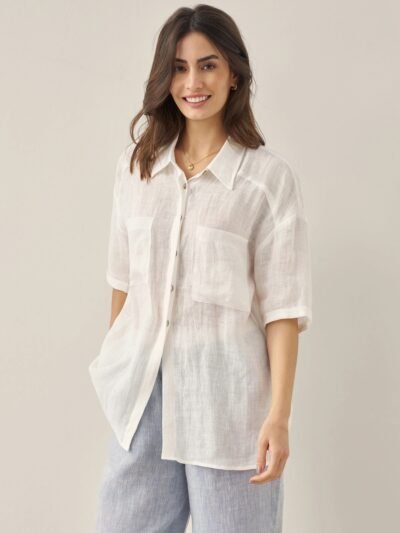 100% Linen Pocket Detail Button-Front Shirt CLARA