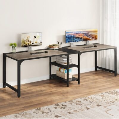 90.55" Two Person Desk, Double Computer Desk with Storage Shelves