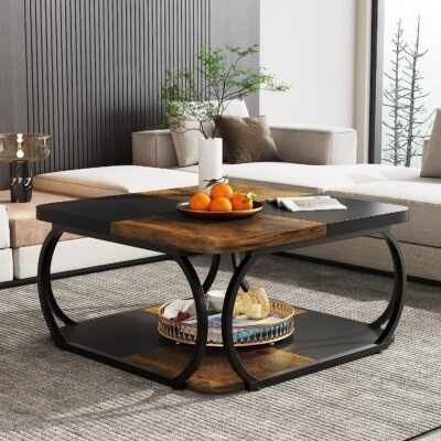 Square Coffee Table, 39 Central Cocktail Table with 2-Tier Shelves
