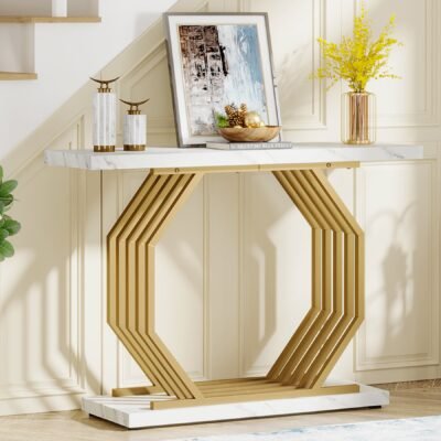 Faux Marble Console Table, 40" Accent Sofa Table with Geometric Metal Base
