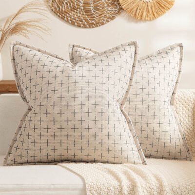 MIULEE Pack of 2 Decorative Burlap Linen Throw Pillow Covers Modern Farmhouse Pillowcase with Broad Edge Rustic Woven Textured Cushion Cover for Spring Sofa Couch Bed 20x20 Inch Greyish White