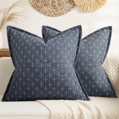MIULEE Pack of 2 Decorative Burlap Linen Throw Pillow Covers Modern Farmhouse Pillowcase with Broad Edge Rustic Woven Textured Cushion Cover for Spring Sofa Couch Bed 20x20 Inch Blue