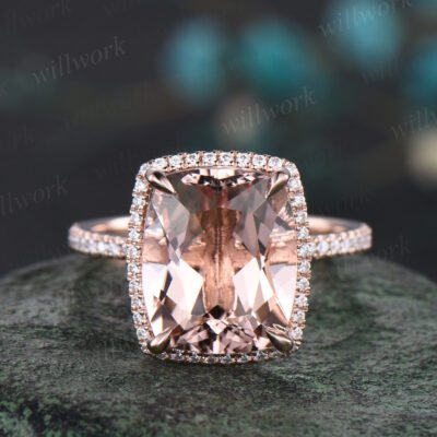 Cushion Cut Natural Morganite Engagement Ring 14k Rose Gold Diamond Moissanite Halo Ring 10x12mm Cushion Morganite Bridal Ring