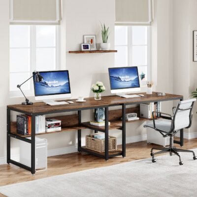 78.7" Two Person Desk, Double Computer Desk with Bookshelf