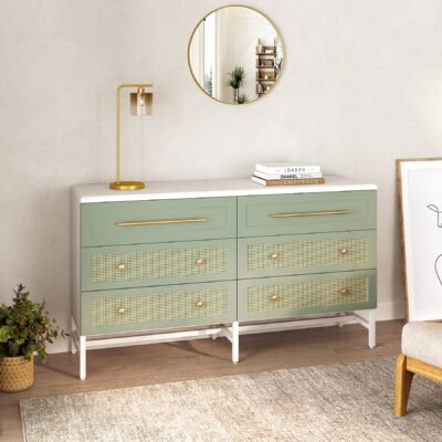 Modern 6 Drawer Dresser, 55" Rattan Storage Chest of Drawers