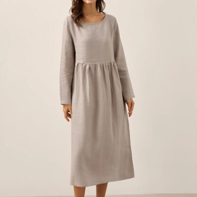 100% Linen Long-Sleeve Pleated Maxi Dress JANETTE