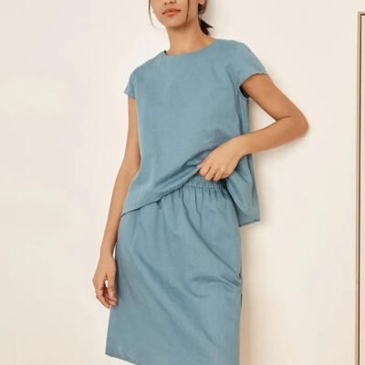 Linen Blend Cap Sleeve Top And Pencil Skirt Set VEDA