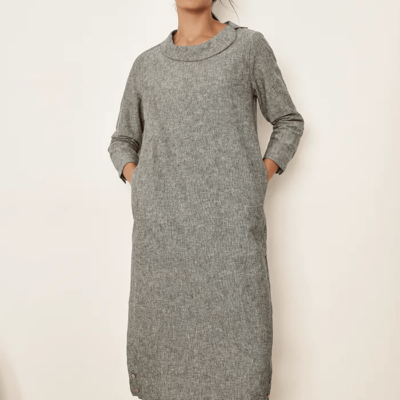 Linen Round Soft-Fold Collar Midi Dress MELLOW