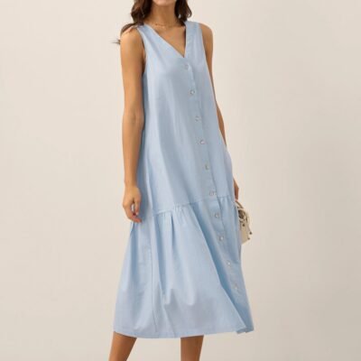 Linen Vacation Sleeveless V-Neck Mid-Length Dress CELINE