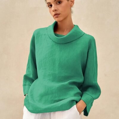 100% Linen Dropped Collar Long-Sleeve Top TRISTAN