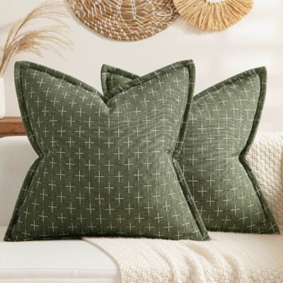 MIULEE Pack of 2 Decorative Burlap Linen Throw Pillow Covers Modern Farmhouse Pillowcase with Broad Edge Rustic Woven Textured Cushion Cover for Spring Sofa Couch Bed 20x20 Inch Olive Green