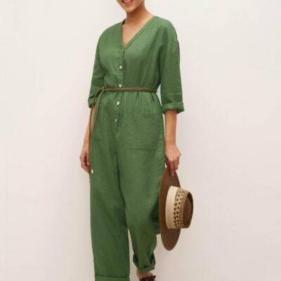 100% Linen Deep V-Neck Oversized Button-Front Jumpsuit LINDEN-with Belt