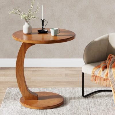 C-Shaped End Table, Round Solid Wood Side Table for Living Room