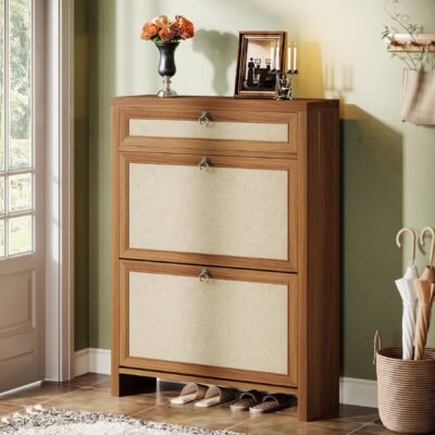 Farmhouse Shoe Cabinet, Slim Shoe Storage Organizer with 2 Flip Drawers