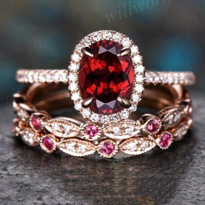 Unique engagement ring set oval garnet engagement ring set vintage natural ruby ring art deco diamond ring set 14k rose gold for women gift