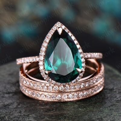 8x12mm pear emerald engagement ring set vintage 14k rose gold ring set diamond halo ring unique bridal ring set wedding promise ring set