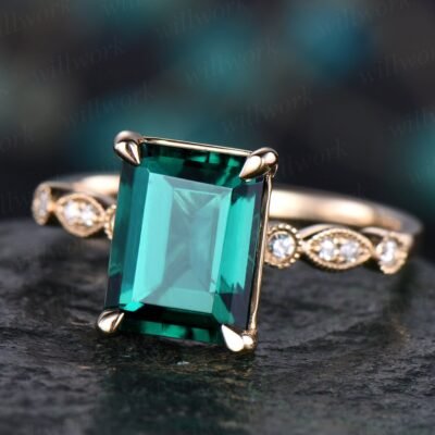 Emerald cut emerald engagement ring 14k yellow gold real diamond ring art deco emerald ring gold vintage wedding women promise ring jewelry