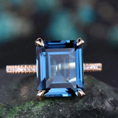 10x12mm London blue topaz engagement ring 14k rose gold big topaz ring gold under diamond halo basket women wedding promise ring jewelry