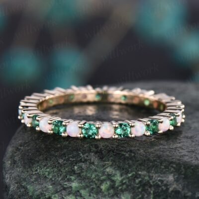 Opal ring vintage emerald ring gold full eternity opal emerald wedding ring band May birthstone matching stacking ring unique jewelry gift