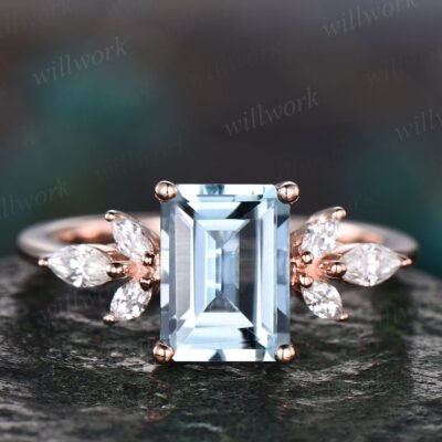 Vintage aquamarine ring gold women emerald cut aquamarine engagement ring art deco dainty flower marquise moissanite wedding promise ring
