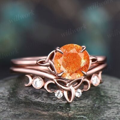 Round sunstone engagement ring set vintage unique solitaire rose gold engagement ring Norse Viking jewelry moissanite wedding ring for women