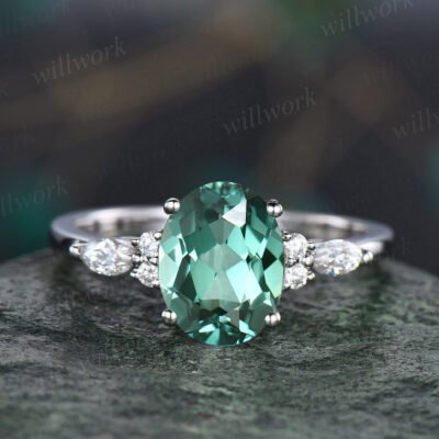 Teal sapphire engagement ring oval green sapphire engagement ring unique marquise white gold engagement ring diamond wedding ring women