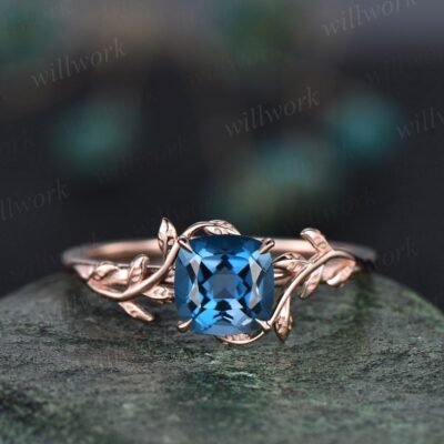 Vintage cushion cut London blue topaz engagement ring rose gold leaf nature inspired engagement ring solitaire promise wedding ring women