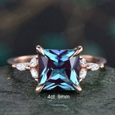 4ct Alexandrite ring unique princess cut engagement ring 14k rose gold flower marquise cut diamond ring women promise anniversary ring gifts
