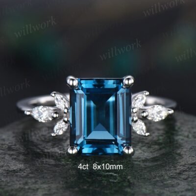 4ct Emerald cut London blue topaz engagement ring 14k white gold marquise cut diamond ring women unique anniversary wedding promise ring