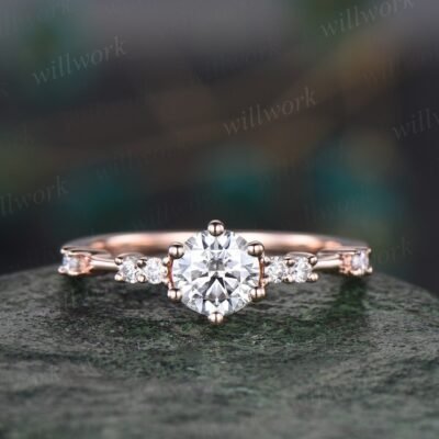 Round moissanite ring vintage dainty moissanite engagement ring rose gold unique 6 prong engagement ring 7 stone diamond wedding ring women