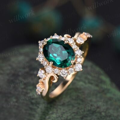 Vintage oval cut emerald engagement ring halo diamond ring 14k yellow gold art deco May birthstone ring unique bridal ring women jewelry