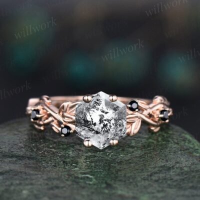 Vintage Natural herkimer diamond engagement ring hexagon cut white gold nature inspired black diamond ring women leaf twisted wedding ring