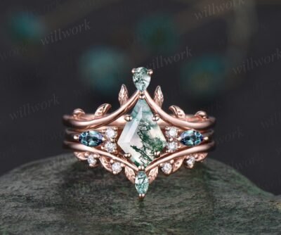 Vintage kite natural moss agate engagement ring art deco alexandrite ring rose gold leaf nature inspired moissanite wedding ring band women