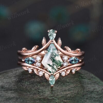 Vintage kite natural moss agate engagement ring art deco alexandrite ring rose gold leaf nature inspired moissanite wedding ring band women