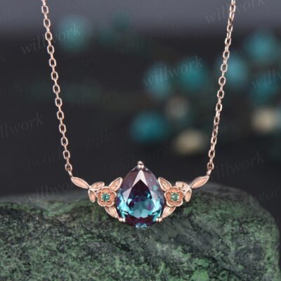 Pear cut alexandrite necklace solid 14k 18k rose gold three stone nature inspired leaf floral emerald pendant women anniversary gift mother