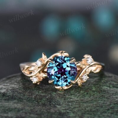 Round cut alexandrite ring vintage yellow gold leaf nature inspired unique engagement ring five stone diamond bridal wedding ring women gift