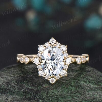 Vintage oval cut moissanite engagement ring 14k yellow gold milgrain bezel halo diamond unique wedding promise anniversary ring women