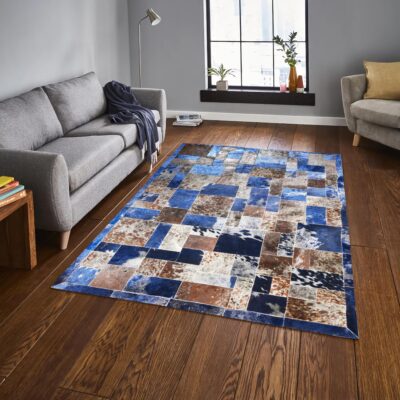 Blue Leaf Cowhide Patchwork Rug