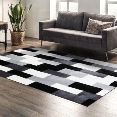 Black and White Patchwork Plush Area Rug