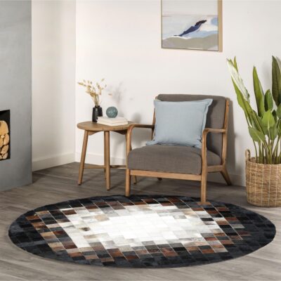 Black and White Cowhide Round Patchwork Rug