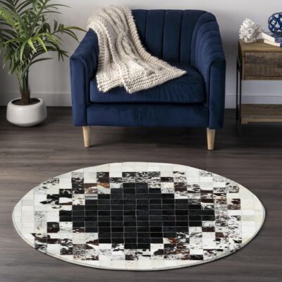 Checkered Black & White Calfskin Patchwork Round Rug